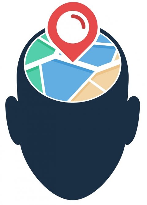 concept of human head with a google maps-like icon on top