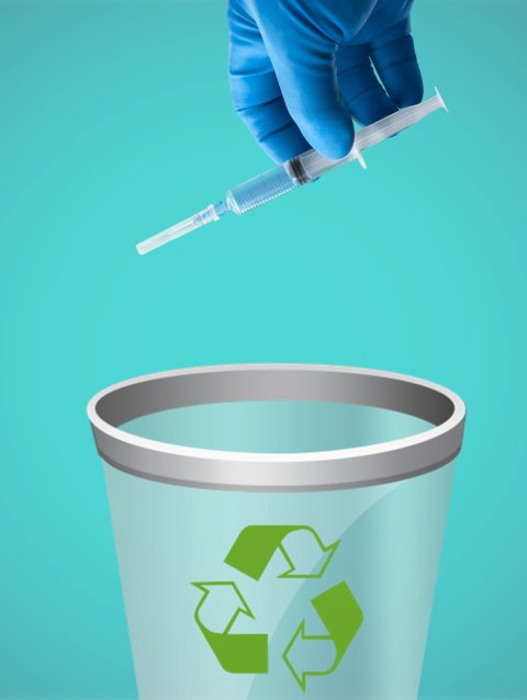 hand in blue glove holding medical syringe above stylized trash bin with recycling logo
