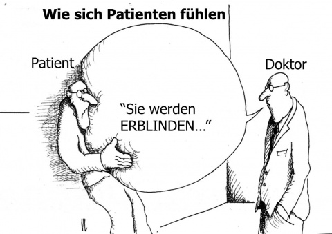 cartoon of a patient and a doctor receiving a blindness diagnosis