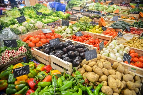 healthy food, fruit and vegetables, on market display