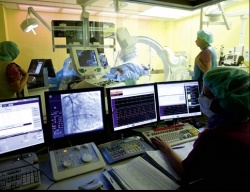 One of three cardiac cath lab workstations at the Heart Centre Brandenburg, a...
