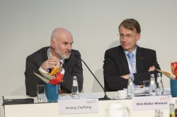 Professors participating in the press conference, from left: Andrey Zeyfang,...