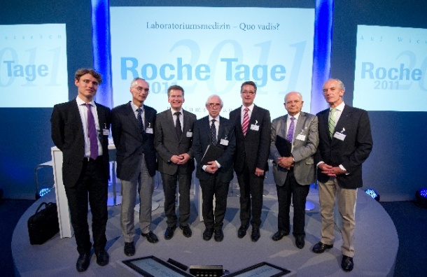 At the symposium (from right), Jonas Schreyögg, Karl J Lackner, Harald...