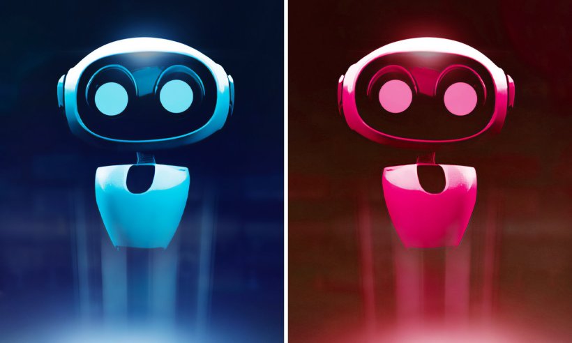 two mirrored robot icons on red and blue background