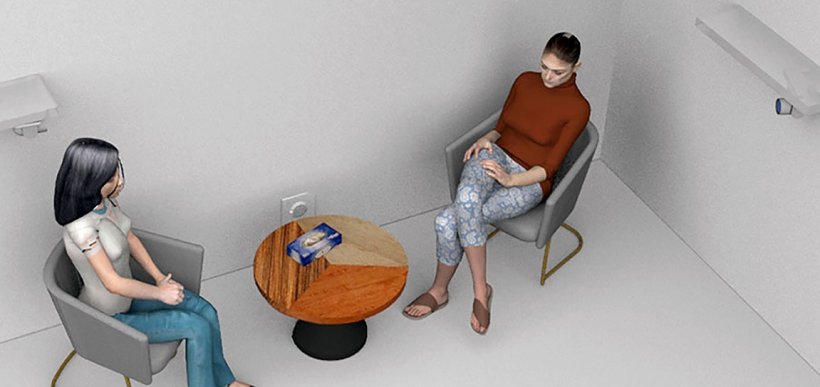 3d models of two women in psychotherapy session sitting at wooden table