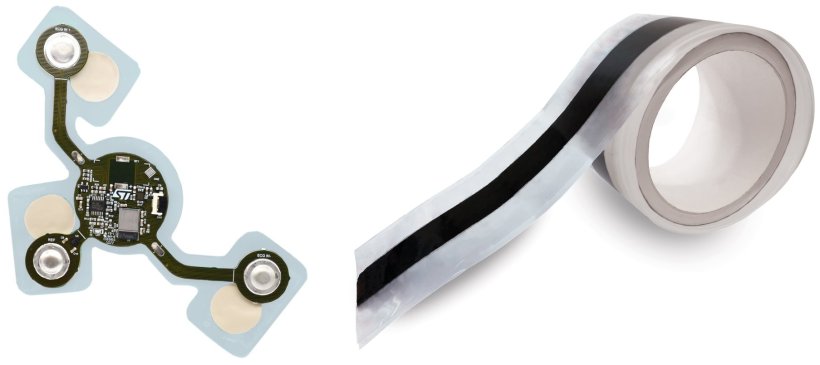 Left: Smart biosensing patch concept; right: Soft skin conductive tape