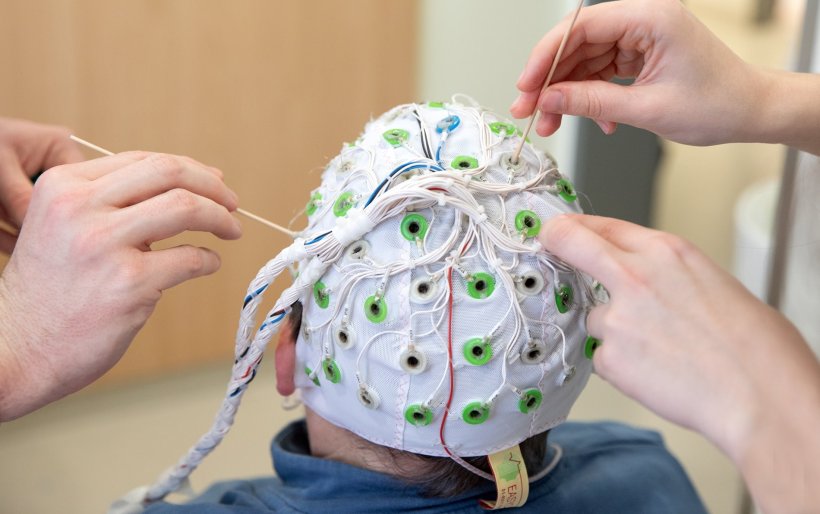 back of the head of a person wearing an eeg cap for brain research