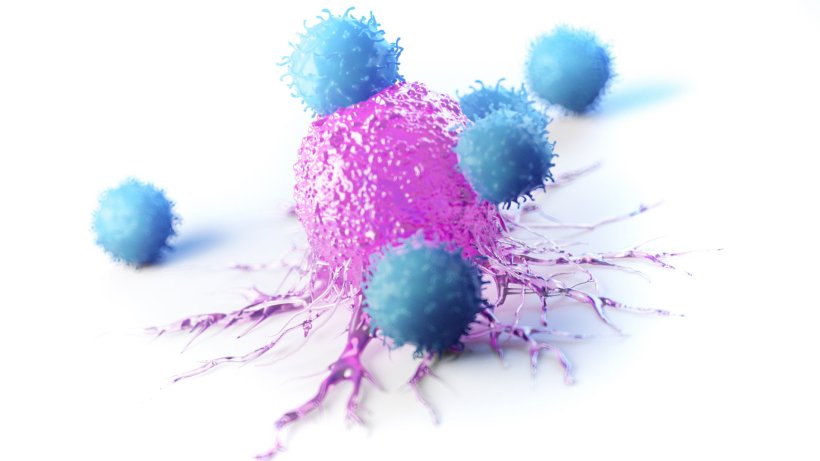 illustration of immune system t cells attacking cancer cell