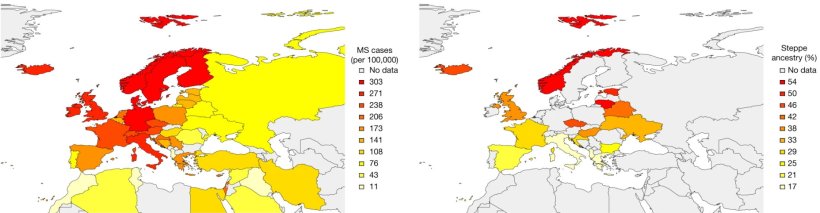 maps of europe showing distribution of multiple sclerosis and prehistoric...