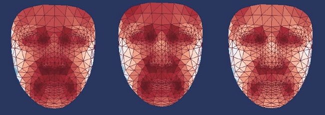 Three polygonal human faces in a row, color-coded to show different temperatures