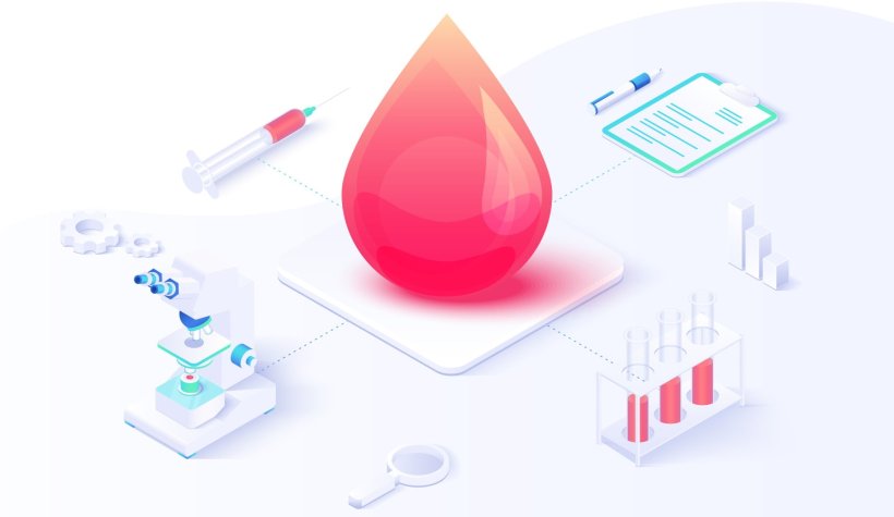 A giant drop of blood surrounded by laboratory equipment, such as a microscope...