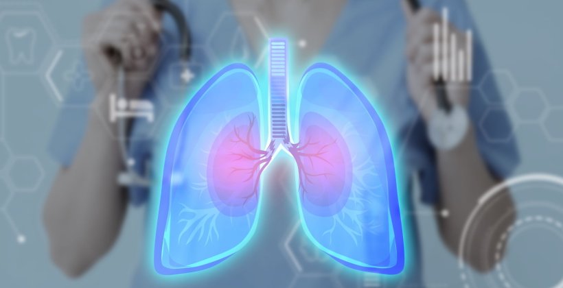 An illustration of human lungs surrounded by abstract medical technology...