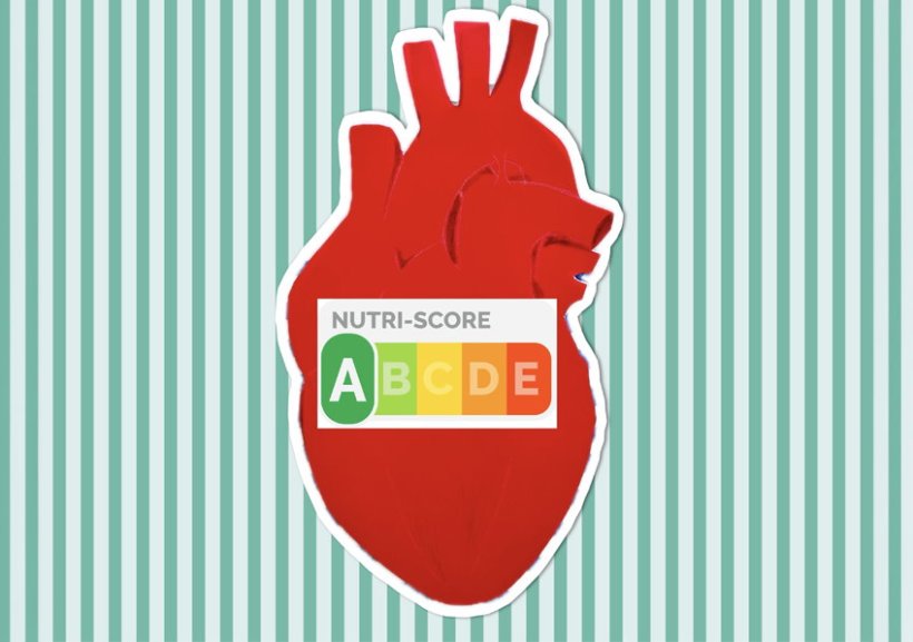 Nutri-Score logo on a red illustration of the human heart, on a background with...