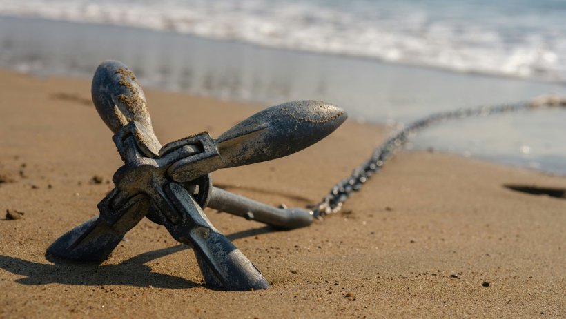 Ein metallener Anker liegt am Strand im Sand. Im Hintergrund ist unscharf das...