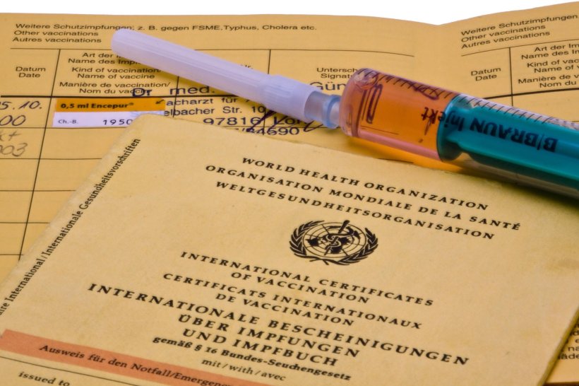 A syringe is lying on top of a yellow vaccination book