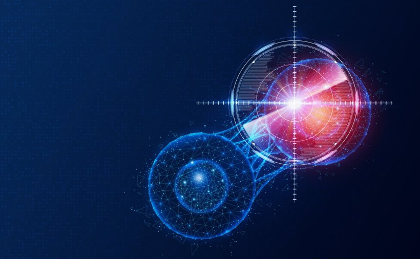 Concept illustration of targetted cancer therapy: A round molecule connects to...