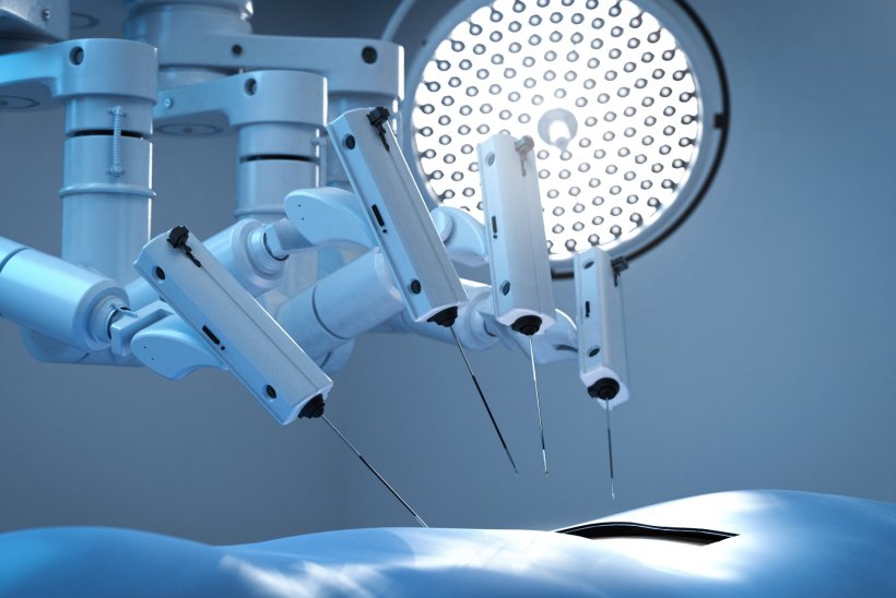 3D illustration of a surgical robot in a hospitals OR