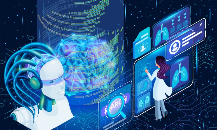 Isometric 2D illustration of a medical professional interacting with an AI model