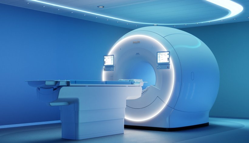 Promotional photo of a modern MRI scanner in a futuristic hospital radiology...