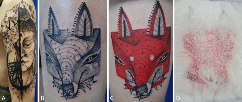 Ausschnitte von Tattoo-Motiven, die ein stilisiertes Gesicht und einen Fuchs...