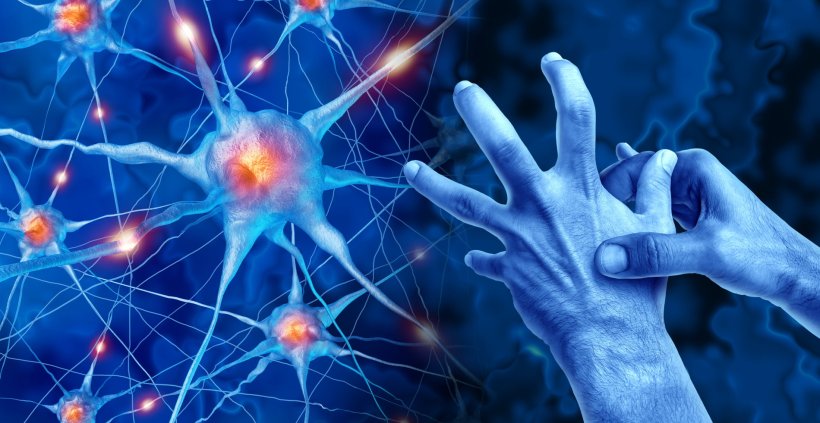 Illustration of neuon network next to a hand grasping the other, symbolising...