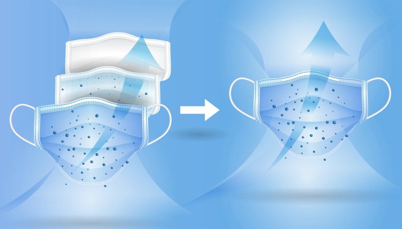Illustration of two face masks on blue background, with an exploded view of...
