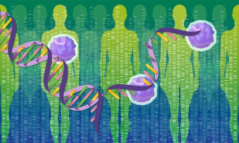 Green human silhouettes in a row, against a background of genomic data bars. In...