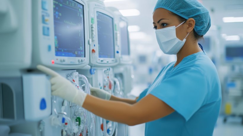 Medical professional operating kidney dialysis machine in a hospital setting.