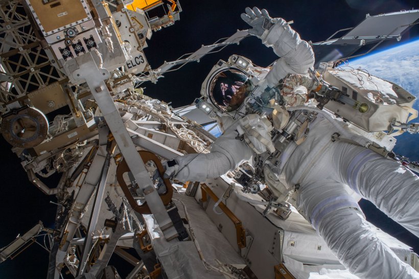 Astronaut Matthias Maurer of ESA (European Space Agency) performs a spacewalk...