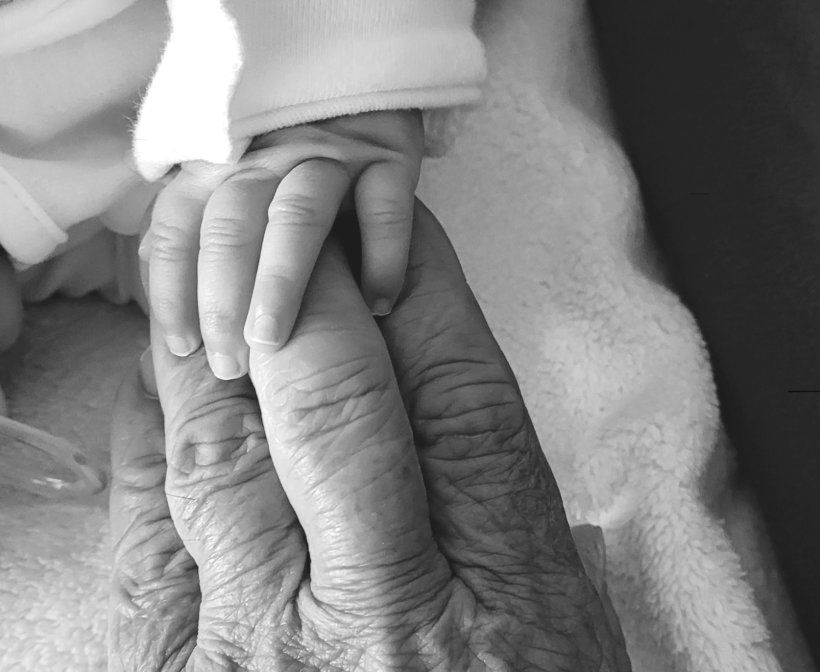 Black-and-white closeup photo of a babys hand holding onto the hand of an old...