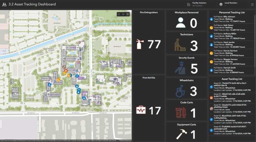 A software dashboard of a hospital asset tracking system, with a map of the...