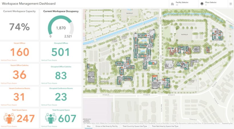A software dashboard of a hospital workspace tracking system, with a map of the...