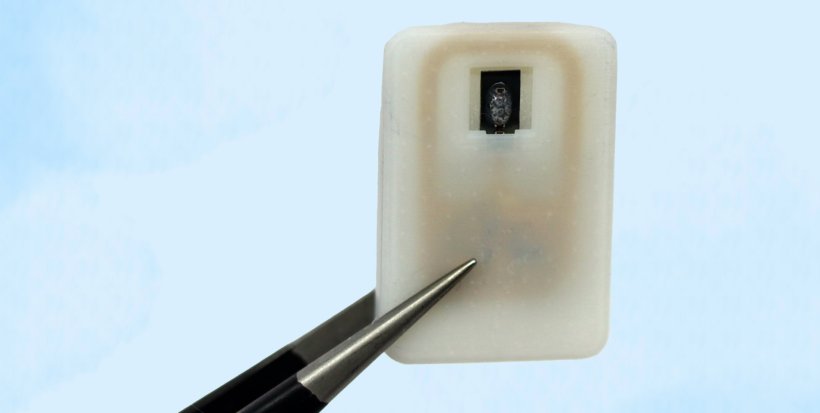 A small white rectagular device with a smaller black rectangle within, held by...