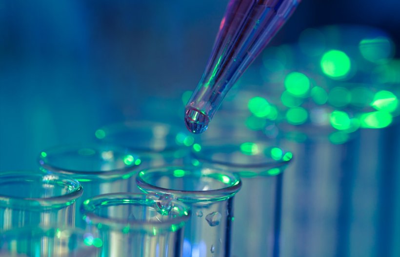 Closeup photo of a pipette filled with a clear liquid above a row of test tubes...