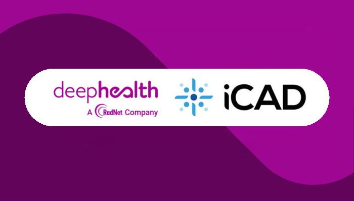 The logos of DeepHealth and iCAD connected by a stylized plus symbol,...