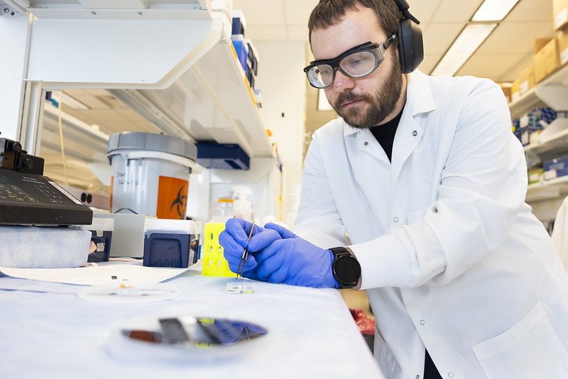 A doctoral student wearing a white lab coat and protective glasses sitting at a...