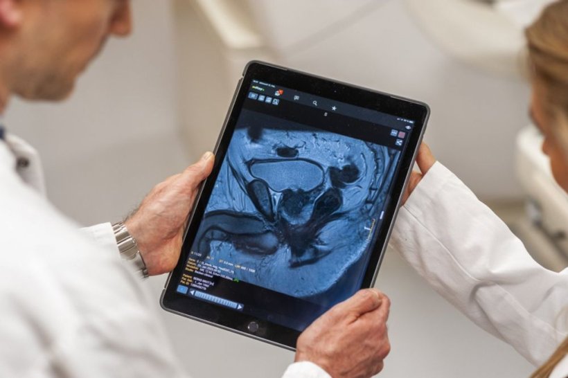 Zwei Personen halten gemeinsam einen Tablet-Computer, auf dem eine urologische...