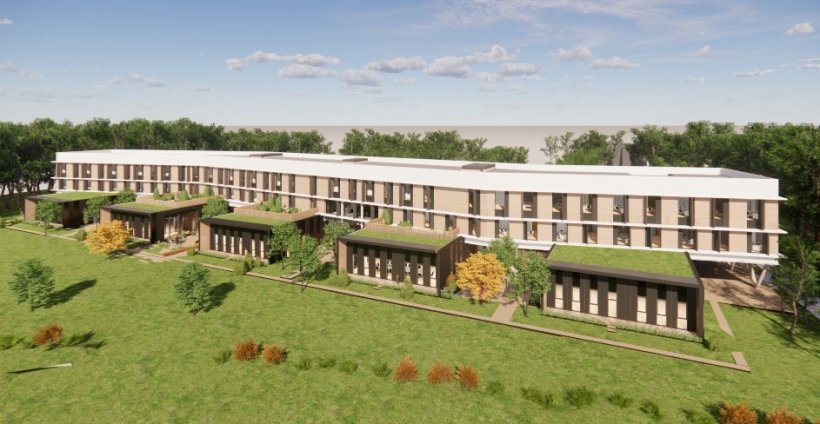 Architect preview of a modern building complex with a long, linear white...