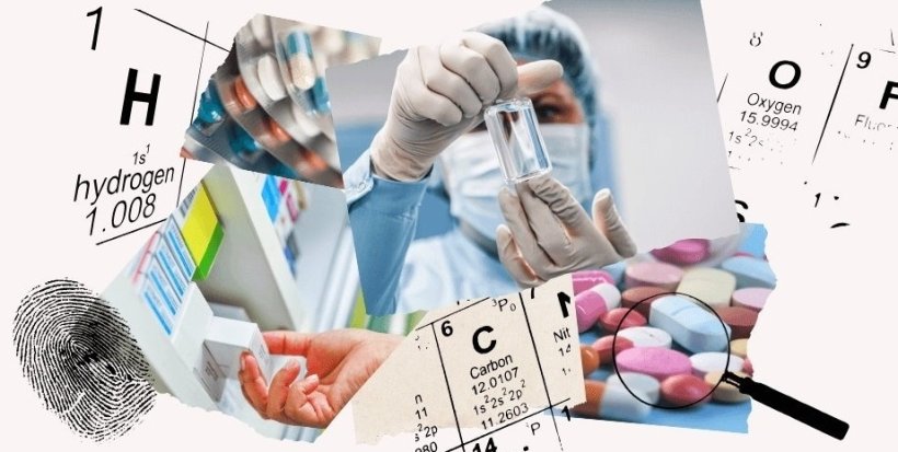 A collage of various medicine and chemistry related images, like pills, a...