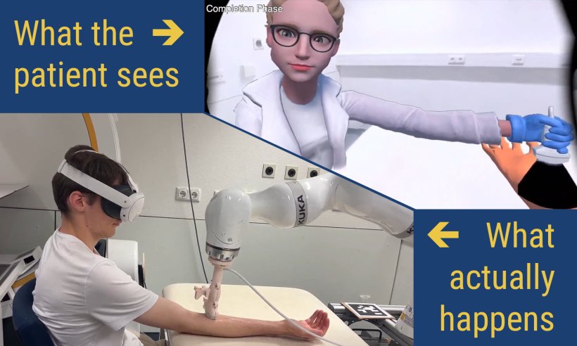Top right: A virtual avatar holds an ultrasound probe to a patients arm. Bottom...