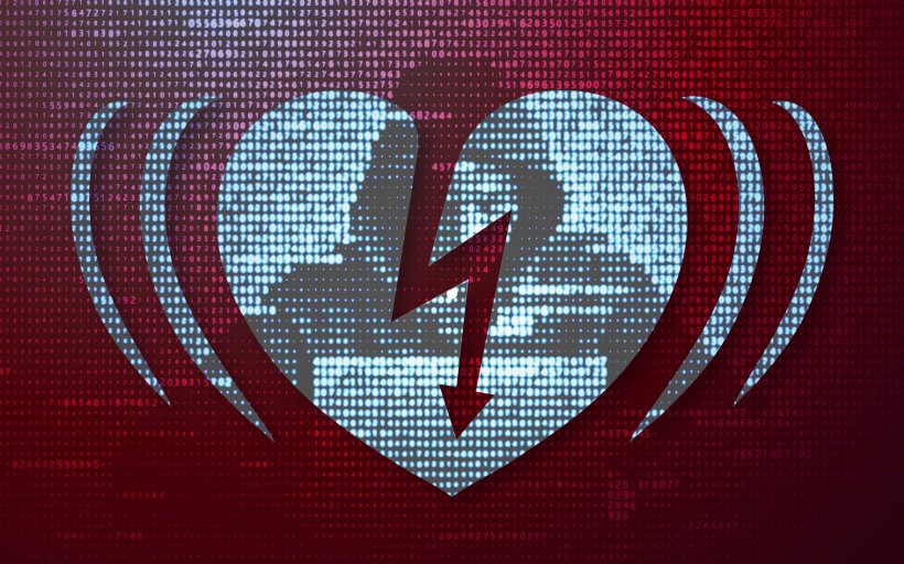 Das Symbol eines Defibrillators ist hinterlegt mit der Silhouette eines Hackers...