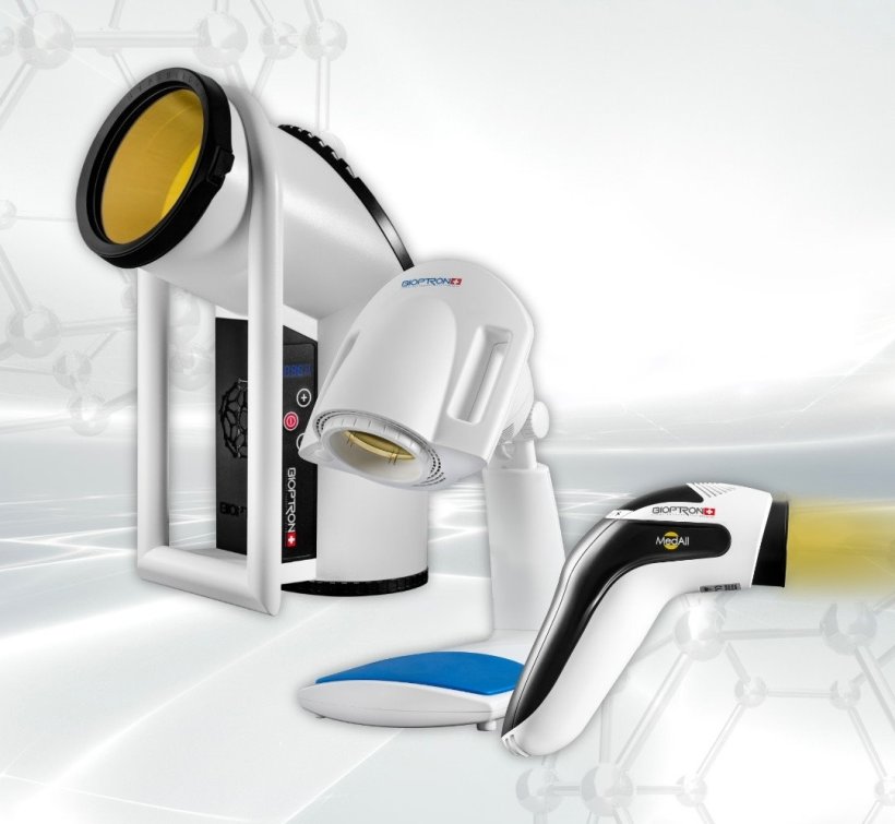 The three Bioptron Hyperlight medical devices (front to back): Bioptron MedAll,...