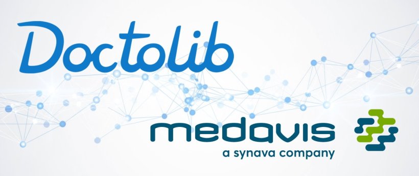 Firmenlogos von Doctolib und medavis, vor einem hellen Hintergrund mit...