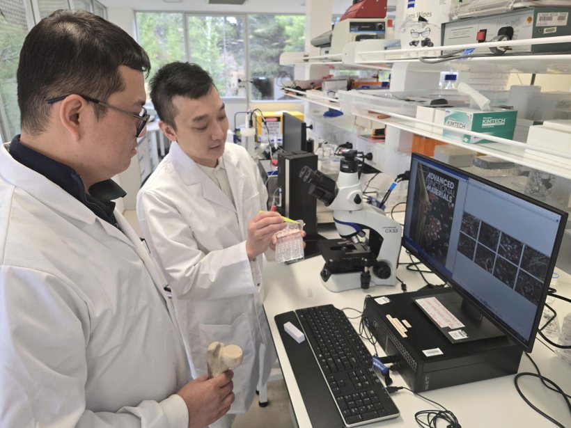 Two men are standing in a laboratory and looking at a computer monitor