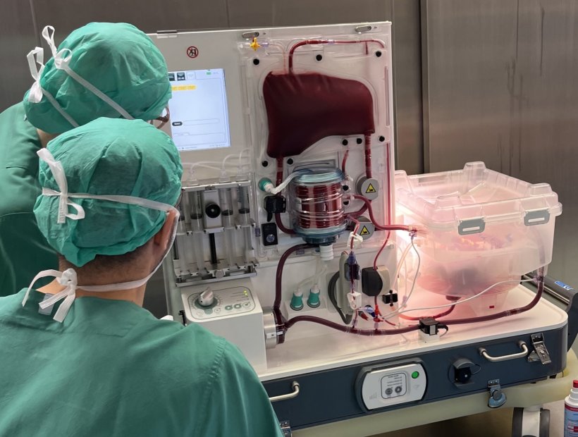 Zwei Chirurgen schauen auf ein Gerät zur Maschinenperfusion von Organen