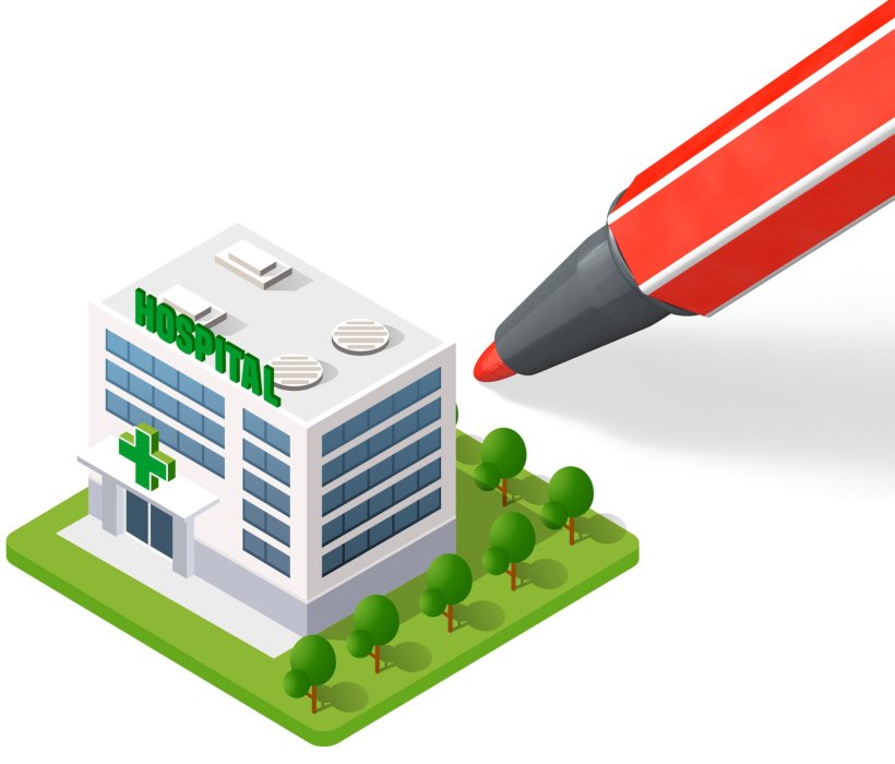 Ein riesiger Rotstift über einem isometrisch dargestellten Krankenhaus