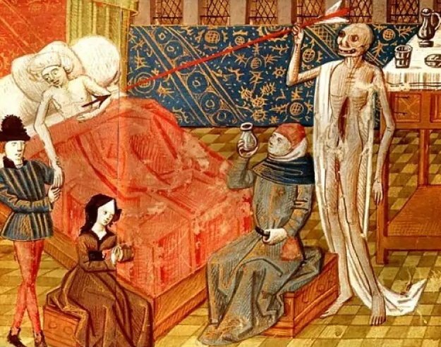 Gemälde einer skeletthaften Gestalt als Schwarzer Tod, der einen Pfeil auf...