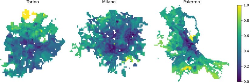 Heatmaps of three Italian cities, Turin, Milan, and Palermo