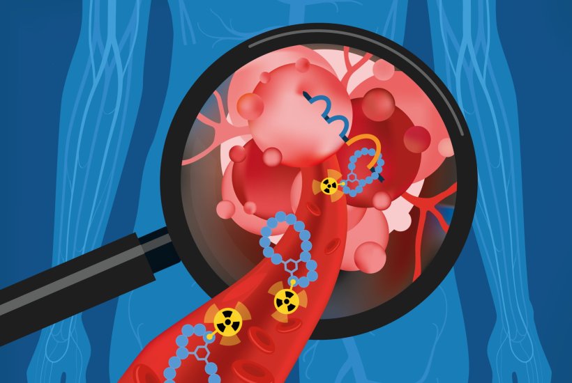 Illustration einer Lupe, die Peptide, Blutgefäße, und radioaktive Marker in...