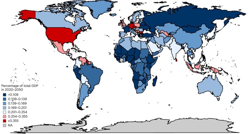 Eine Weltkarte mit Ländern in unterschiedlichen Blau- und Röttönen